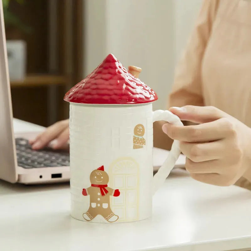 Gingerbread Man Red House Water Cup House Cottage Mug Coffee Cup With Lid - Bellarte Enchanté Gingerbread Man Red House Water Cup House Cottage Mug Coffee Cup With Lid